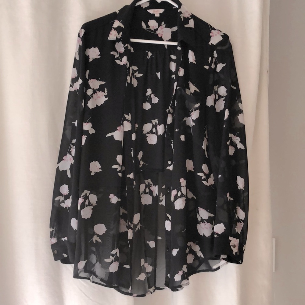 Black, flowered button down